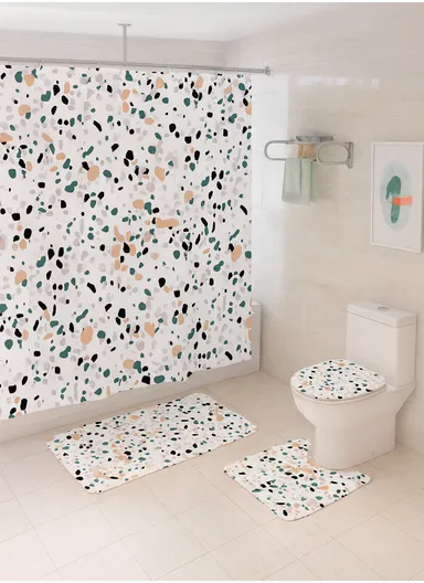 4Pcs Bathroom Set With Hooks, Shower Curtain, Toilet Rugs &amp; Bath Mat - Style 8