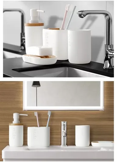 4-Pcs Resin Decorative Soap Dish, Toothbrush Holder, Soap Dispenser &amp; Cup, Bathroom Accessories Set - White