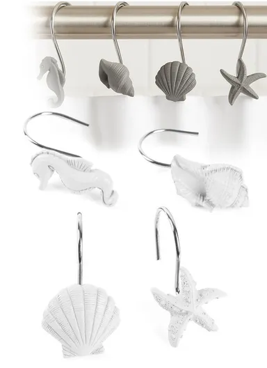 12pcs Oceanic Style Shower Curtain Hooks With Starfish, Conch &amp; Sea Shell Design - White
