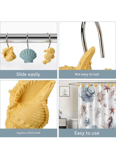 12pcs Oceanic Style Shower Curtain Hooks With Starfish, Conch &amp; Sea Shell Design - White