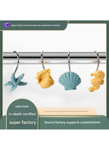 12pcs Oceanic Style Shower Curtain Hooks With Starfish, Conch &amp; Sea Shell Design - White
