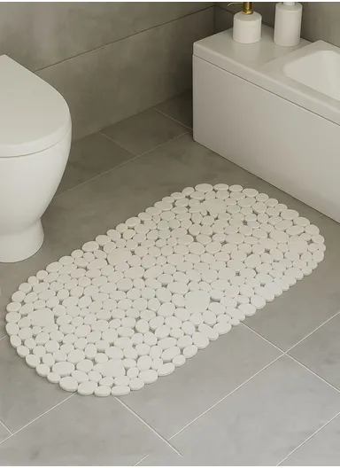 69x35cm Anti Bacterial Oval PVC Mat With Stone Pattern Design &amp; Anti Slip Suction Cups for Bathroom Floor - White