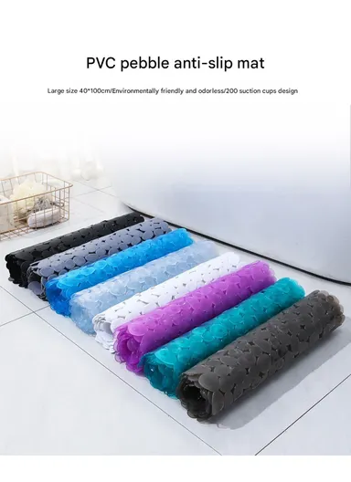 69x35cm Anti Bacterial Oval PVC Mat With Stone Pattern Design &amp; Anti Slip Suction Cups for Bathroom Floor - White