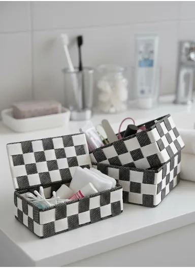 3 Pcs Woven Storage Basket Set, Multi-Size Organizing Bins for Bathroom or Bedroom - Black &amp; White
