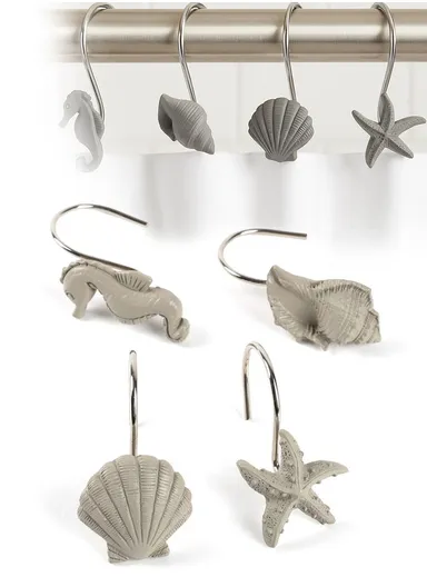 12pcs Oceanic Style Shower Curtain Hooks With Starfish, Conch &amp; Sea Shell Design - Greige