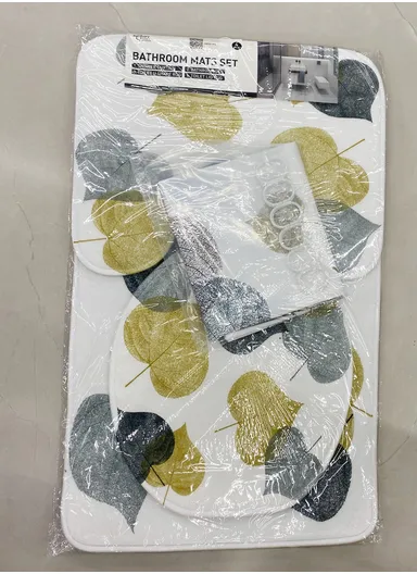 4Pcs Bathroom Set With Hooks, Shower Curtain, Toilet Rugs &amp; Bath Mat - Style 6