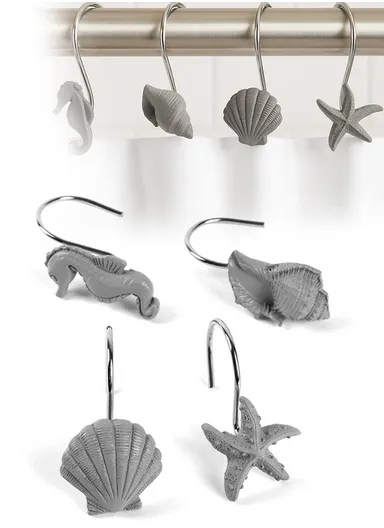 12pcs Oceanic Style Shower Curtain Hooks With Starfish, Conch &amp; Sea Shell Design - Grey
