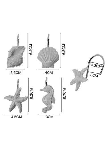 12pcs Oceanic Style Shower Curtain Hooks With Starfish, Conch &amp; Sea Shell Design - Grey