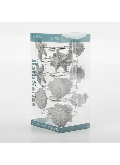 12pcs Oceanic Style Shower Curtain Hooks With Starfish, Conch &amp; Sea Shell Design - Grey