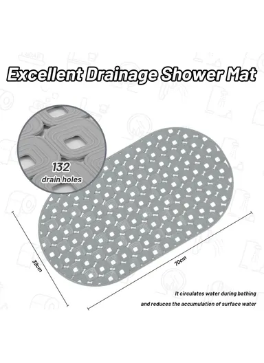 70x39cm Anti Bacterial Oval TPE Mat With Anti Slip Suction Cups for Bathroom Floor - Grey