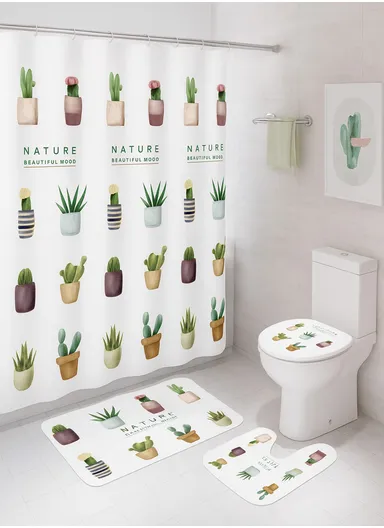 4Pcs Bathroom Set With Hooks, Shower Curtain, Toilet Rugs &amp; Bath Mat - Style 4