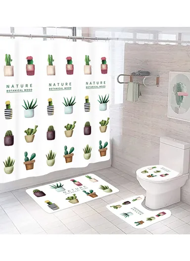 4Pcs Bathroom Set With Hooks, Shower Curtain, Toilet Rugs &amp; Bath Mat - Style 4