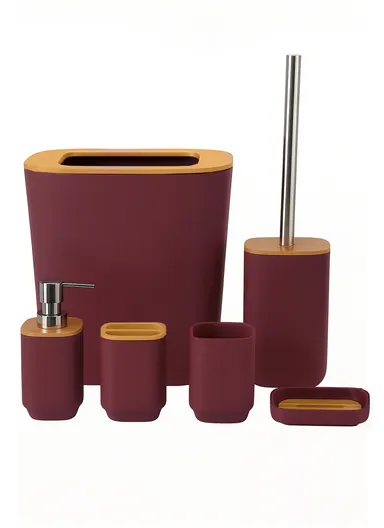 6 Pcs ABS Luxurious Bathroom Accessories Set With Bamboo Lid 7002 - Burgundy