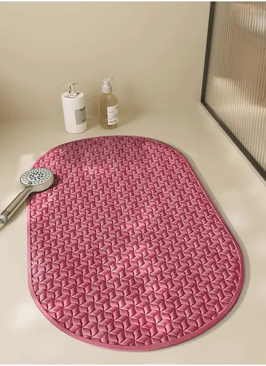 68x38cm Anti Bacterial Oval TPE Mat With Anti Slip Suction Cups for Bathroom Floor - Burgundy
