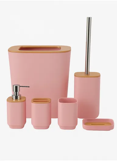 6 Pcs ABS Luxurious Bathroom Accessories Set With Bamboo Cover 7002 - Pink