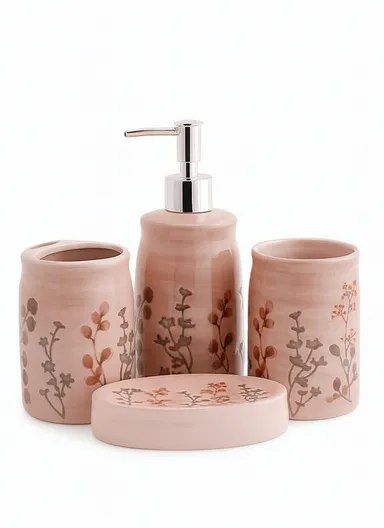4Pcs Countertop Organizing Ceramic Bathroom Accessories Set JS185679 - Pink