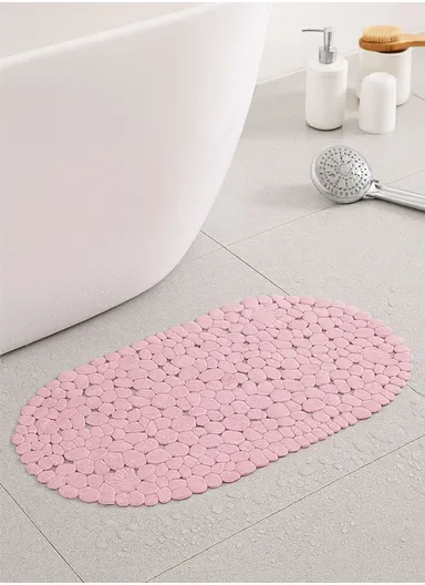 69x35cm Anti Bacterial Oval PVC Mat With Stone Pattern Design &amp; Anti Slip Suction Cups for Bathroom Floor - Pink