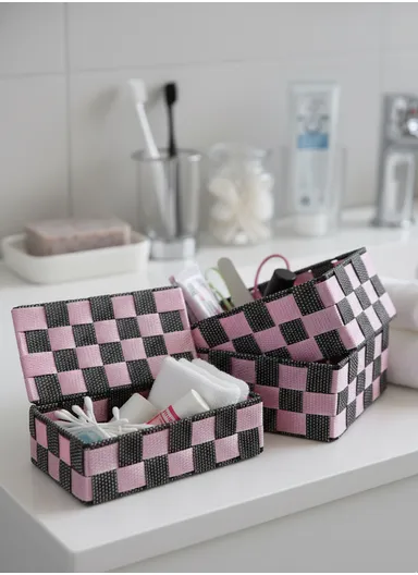 3 Pcs Woven Storage Basket Set, Multi-Size Organizing Bins for Bathroom or Bedroom - Light Pink