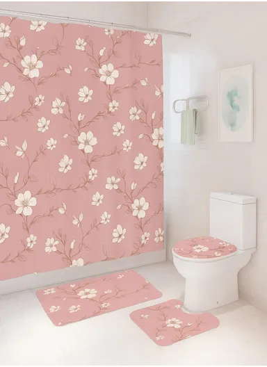 4Pcs Bathroom Set With Hooks, Shower Curtain, Toilet Rugs &amp; Bath Mat - Style 9