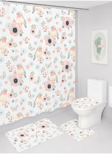 4Pcs Bathroom Set With Hooks, Shower Curtain, Toilet Rugs &amp; Bath Mat - Style 7