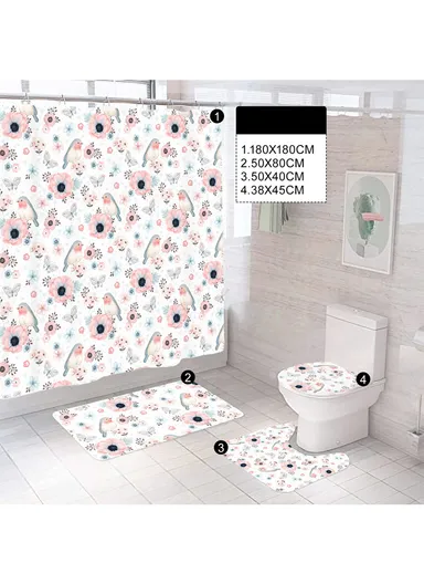 4Pcs Bathroom Set With Hooks, Shower Curtain, Toilet Rugs &amp; Bath Mat - Style 7