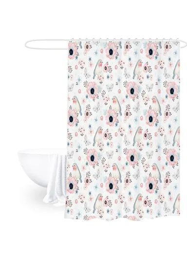 4Pcs Bathroom Set With Hooks, Shower Curtain, Toilet Rugs &amp; Bath Mat - Style 7