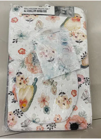 4Pcs Bathroom Set With Hooks, Shower Curtain, Toilet Rugs &amp; Bath Mat - Style 7