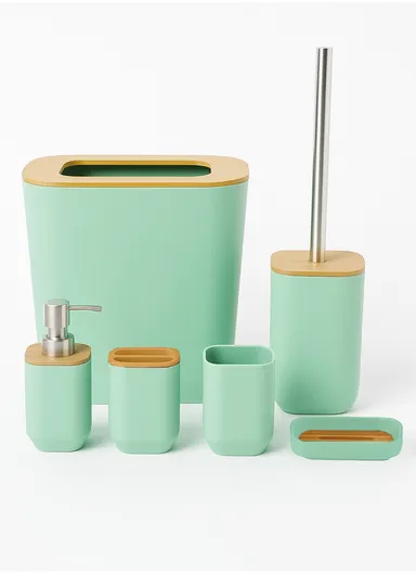 6 Pcs ABS Luxurious Bathroom Accessories Set With Bamboo Cover 7002 - Green