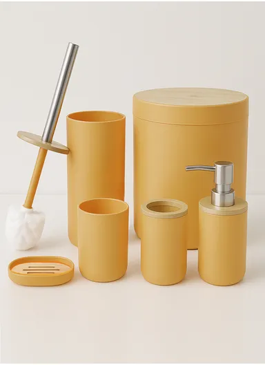 6 Pcs ABS Luxurious Bathroom Accessories Set With Bamboo Lid 8033 - Yellow