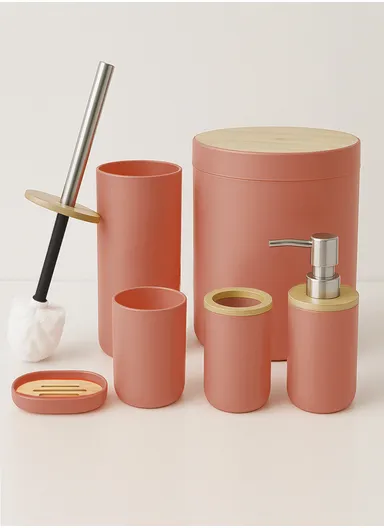 6 Pcs ABS Luxurious Bathroom Accessories Set With Bamboo Lid 8033 - Peach