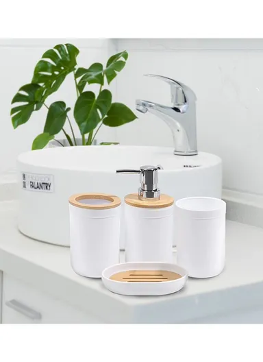 6 Pcs ABS Luxurious Bathroom Accessories Set With Bamboo Lid 8033 - Peach