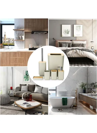 6 Pcs ABS Luxurious Bathroom Accessories Set With Bamboo Cover 7002 - Purple