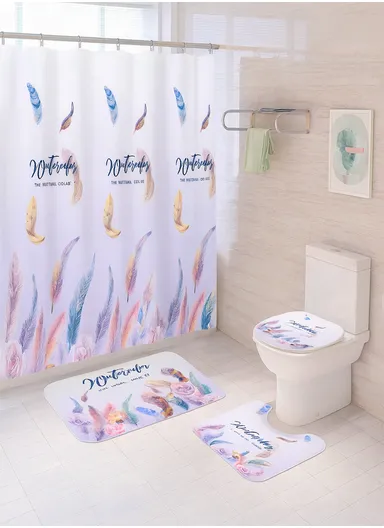 4Pcs Bathroom Set With Hooks, Shower Curtain, Rug &amp; Toilet Cover Bath Mat - Style 10
