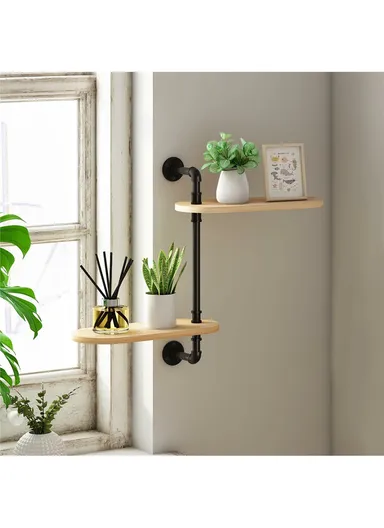 2 Tier Wall Mounted Plant Stand Rotating Shelf Carbon Steel Wood Board Flower Pot Holder Storage Rack (L40 x W18 x H45)cm