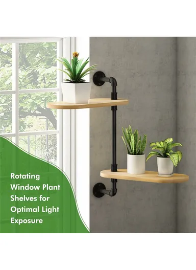 2 Tier Wall Mounted Plant Stand Rotating Shelf Carbon Steel Wood Board Flower Pot Holder Storage Rack (L40 x W18 x H45)cm