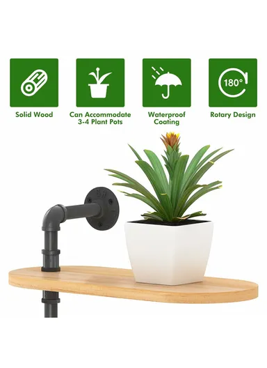 2 Tier Wall Mounted Plant Stand Rotating Shelf Carbon Steel Wood Board Flower Pot Holder Storage Rack (L40 x W18 x H45)cm