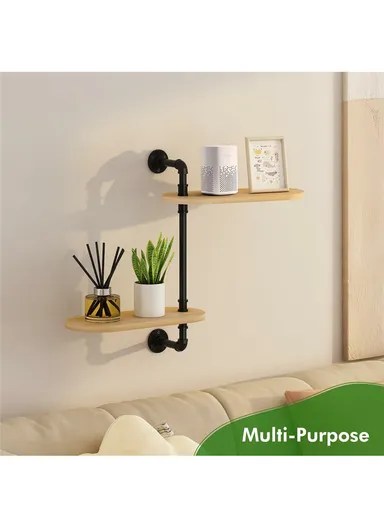 2 Tier Wall Mounted Plant Stand Rotating Shelf Carbon Steel Wood Board Flower Pot Holder Storage Rack (L40 x W18 x H45)cm