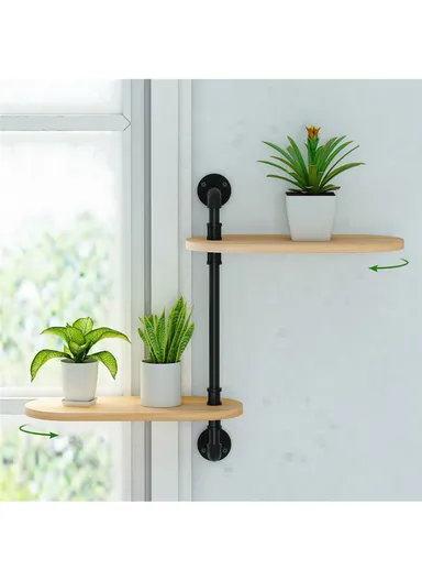 2 Tier Wall Mounted Plant Stand Rotating Shelf Carbon Steel Wood Board Flower Pot Holder Storage Rack (L40 x W18 x H45)cm