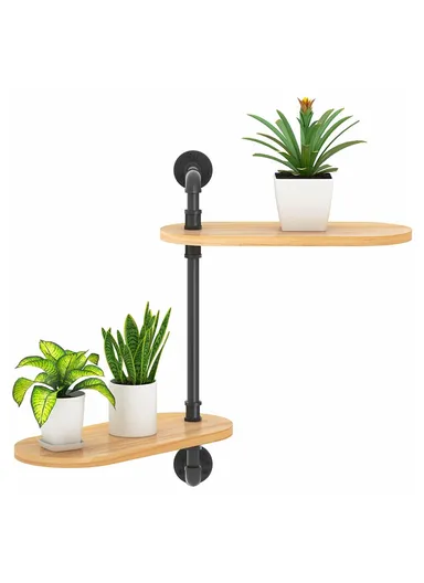 2 Tier Wall Mounted Plant Stand Rotating Shelf Carbon Steel Wood Board Flower Pot Holder Storage Rack (L40 x W18 x H45)cm