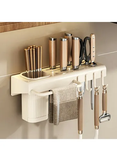 30cm Kitchen Organizer Rack, Wall Mounted Spice Holder, Knife Storage Towel Bar Multifunction Shelf - White