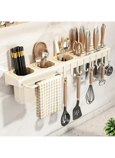 50cm Kitchen Organizer Rack, Wall Mounted Spice Holder, Knife Storage Towel Bar Multifunction Shelf - White