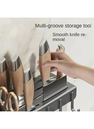 50cm Kitchen Organizer Rack, Wall Mounted Spice Holder, Knife Storage Towel Bar Multifunction Shelf - White