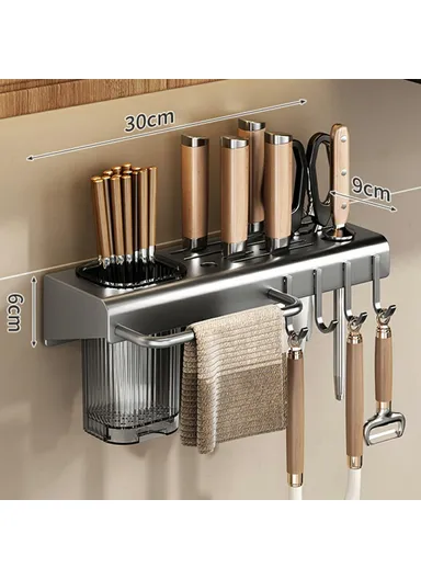 30cm Kitchen Organizer Rack, Wall Mounted Spice Holder, Knife Storage Towel Bar Multifunction Shelf - Tarnish