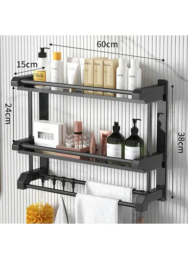 60cm Stainless Steel Towel Rack, No Drilling Double Layer Wall Mounted Storage Shelf for Bathroom &amp; Kitchen