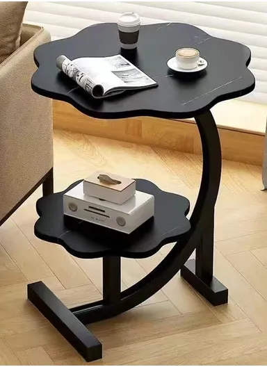 Double-Tier Flower Petal-Shaped Side Table for Living Room or Bedroom, Sofa or Bedside Storage Desk – Black Marble with Black Frame