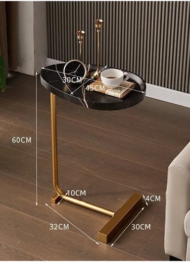Modern Water Drop-Shaped Side Table for Small Spaces, Sofa End Table for Living Room or Bedroom – Gold with Black Marble