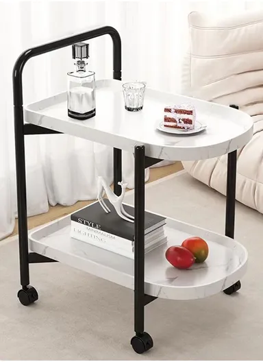 Mobile Double Layer Bedside Table with Wheels Mini Tea Table Nightstand (L60 x W40 x H78)cm - White