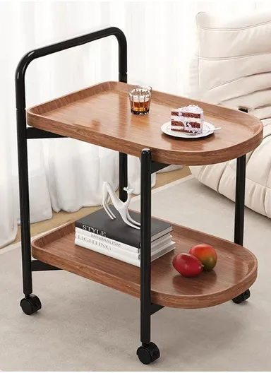 Mobile Double Layer Bedside Table with Wheels Mini Tea Table Nightstand (L60 x W40 x H78)cm - Walnut