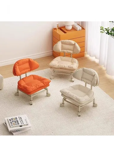 Ergonomic Rotating Low Stool with Casters, Built-In Sponge Swivel Seat and Backrest – Orange