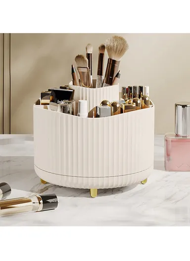 Vertical Stripes Design Rotating Makeup Brush Holder ABS Desktop Organizer Cosmetic Storage Container - Beige